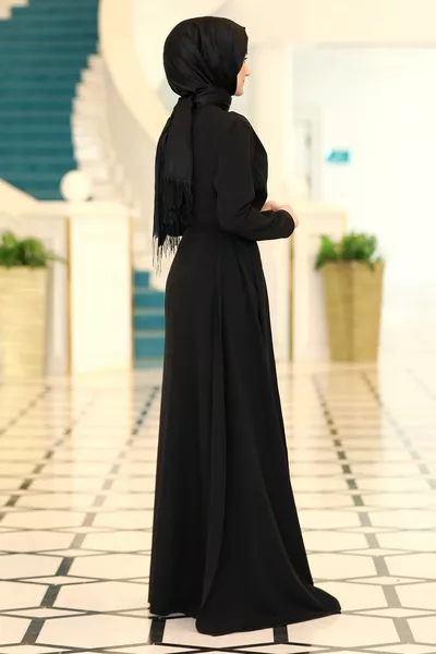 Ahsen فستان سهرة بطبعة حجر أمامي بنقشة ذيل مفصلة - أسود