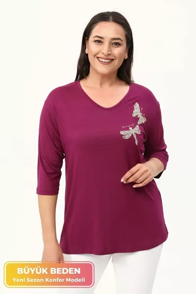 Plus Size New Season Comfortable Stretchy Model with Butterfly Embroidered Pattern, Half Sleeve, Mom's 4-Season Blouse