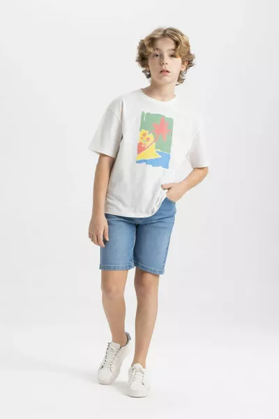Boys' Oversized Loose Fit Crew Neck Printed Short Sleeve T-Shirt SM
