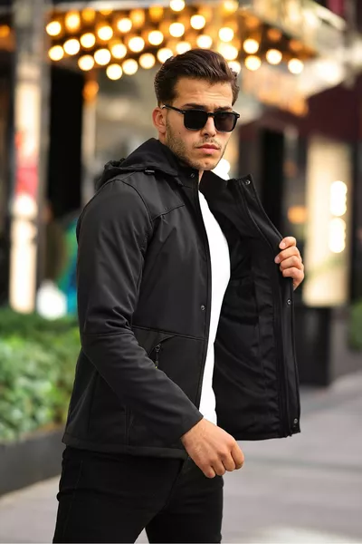 معطف رجالي أسود بفرو داخلي، مقاوم للماء والرياح، بغطاء رأس قابل للإزالة من نوع سوفتشل