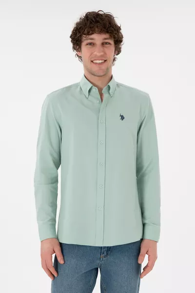 قميص رجالي أساسي بأكمام طويلة بلون الأخضر المائي 