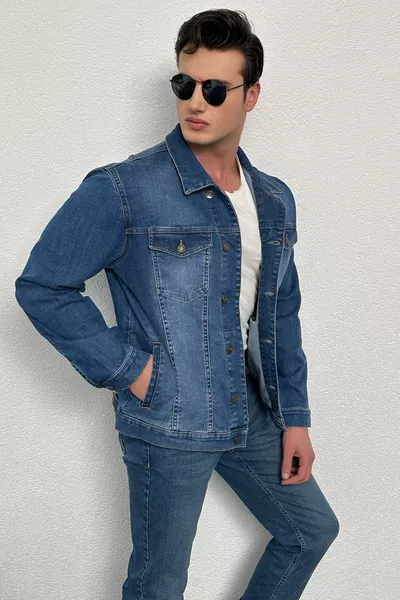 Giacca di Jeans da Uomo Blu, Taglio Standard, Elastico con Lycra, Con Tasche e Bottoni 