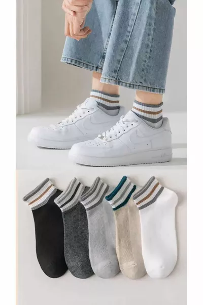 Unisex 3 Çizgili 5 Çift Kısa Konç Çorap Seti