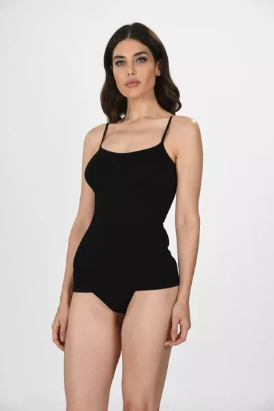 قميص داخلي أسود نسائي بتصميم ضاغط وحمالات رفيعة 