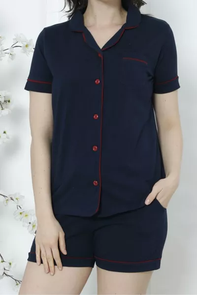 طقم بيجامة نسائي بالشورت بأكمام قصيرة مع أزرار وجيوب، قطن، أزرق داكن-أحمر خمري