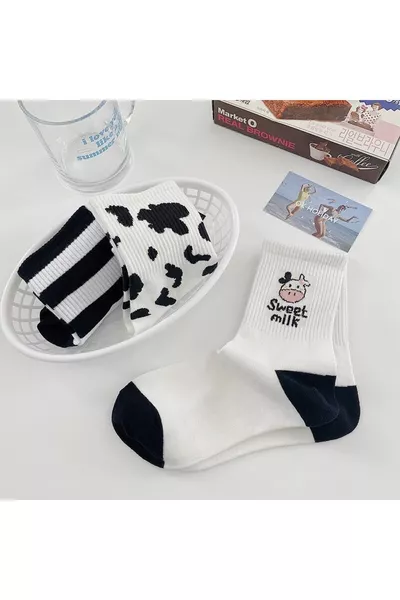 Women's 5 Pairs Black and White Cow Print Striped Tennis Socks