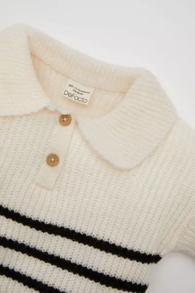 Baby Girl Shirt Collar Buttoned Striped Knit Sweater AU