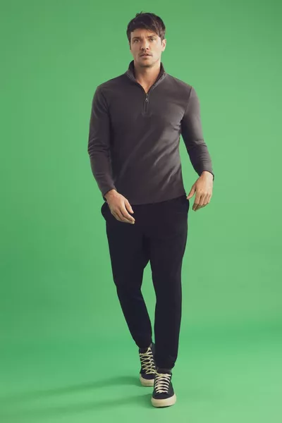 Regular Fit Half-Zip Fleece Sweatshirt with Stand Collar