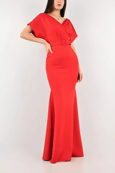 Rosso Scuba Tessuto Fish Cut Abito da sera con cintura e abito di laurea  