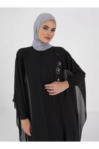 Beaded Dress & Abaya Double Hijab Evening Dress Set - Black - Woman
