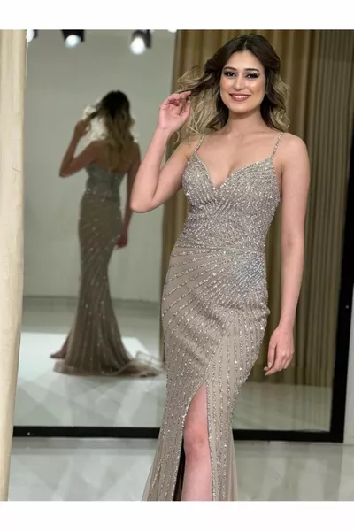 Златна каишка с каишка от въже Каменна цепка Детайлна вечерна рокля за нов сезон  