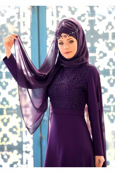 Женское фиолетовое платье Judge Collar Shoulder Chiffon Detailed Evening Dress 