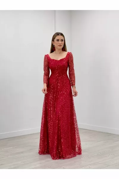 Three-Dimensional Sequin Princess Dress on Tulle - Red
