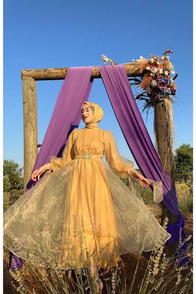 Kemerli Tesettür Abiye Organze Abiye Elbise