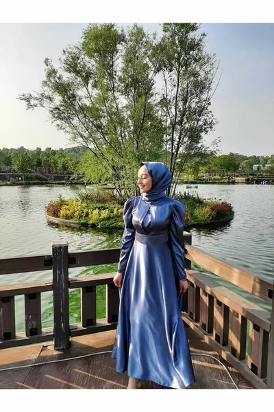 النيلي الأزرق كريب الساتان أنيقة الحجاب مساء اللباس