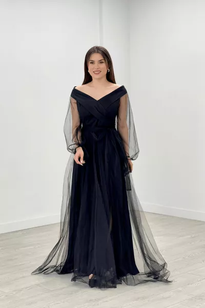 فستان تول بياقة قارب - أسود