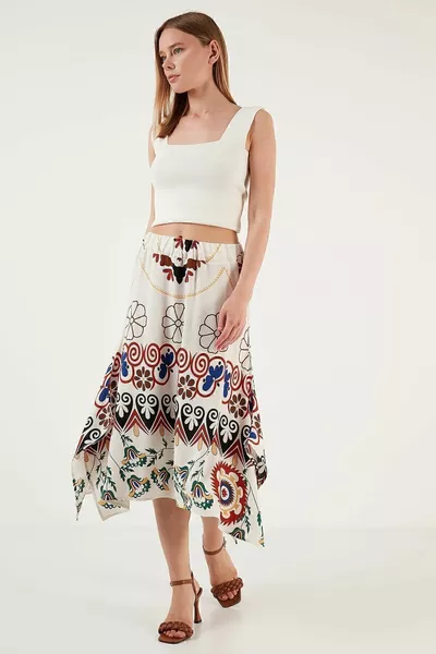 Patterned Elasticated Asymmetrical Cut Midi Skirt Skirt 