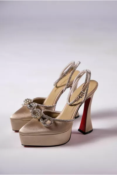 Дамски обувки с десет сатенени камъка с детайлна платформа Fallon