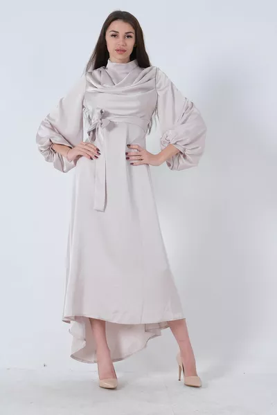 Degaje Satin Balloon Sleeve Hijab Dress Beige 