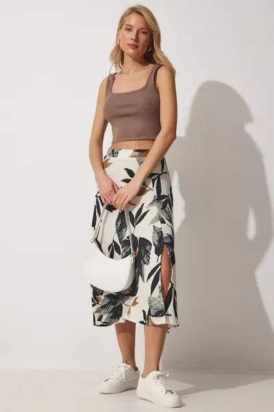 Women's Çağla Green Cream Patterned Summer Knitted Skirt with Slits  