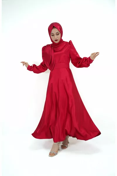 Women's Red Hijab Belted Satin Evening Dresses