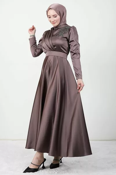 Satin Evening Dress Dark Mink with Shoulder Stone