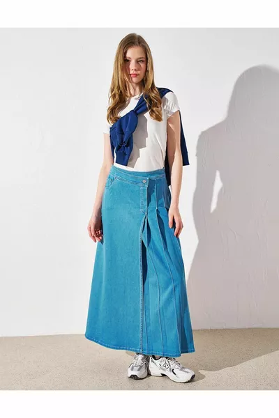 Pleated Denim Skirt Blue with Cross Buttons