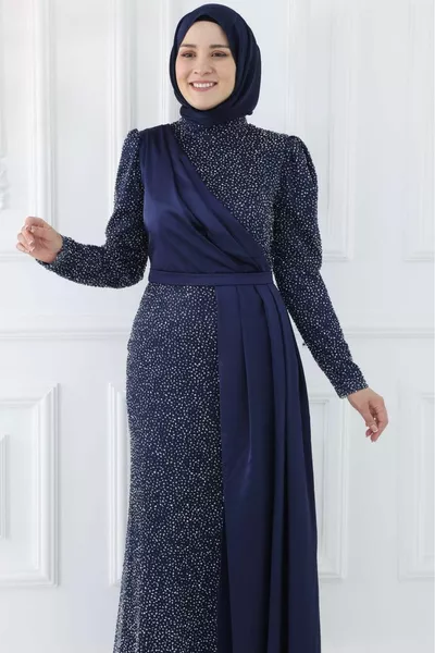 Robe de soirée hijab Ecmel en cristal bleu marine imprimé de pierre conique en cristal bleu marine