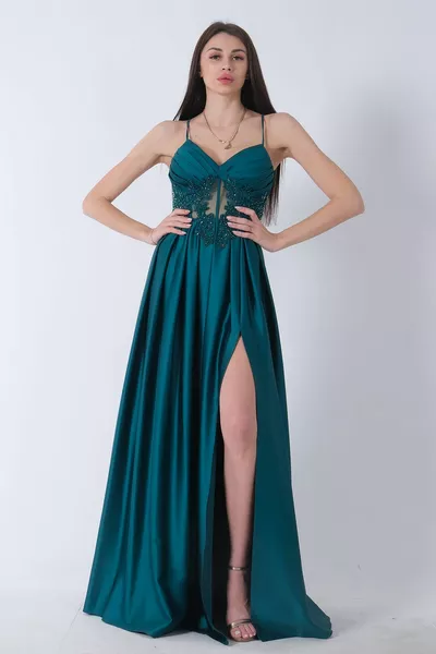 Атласное вечернее платье с разрывными веревочными бретелями Emerald 