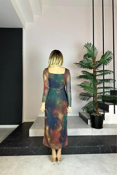  Square Neck Tulle Dress Multicolor