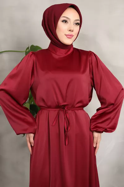 Borgogna Judge Collar Balloon Sleeve Abito da sera in raso