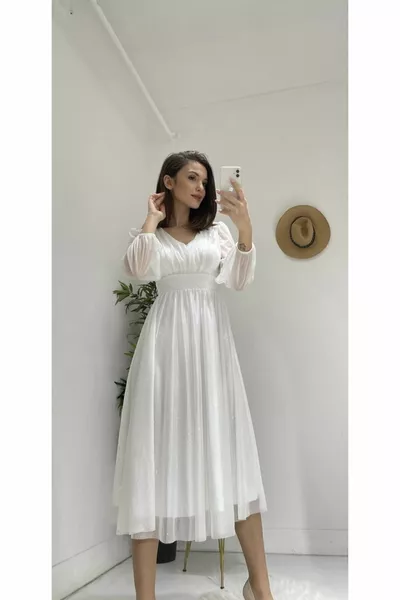 Midi Lunghezza Glitter Tulle Promessa di fidanzamento di nozze Richiesta Abito da sposa Abito da sera