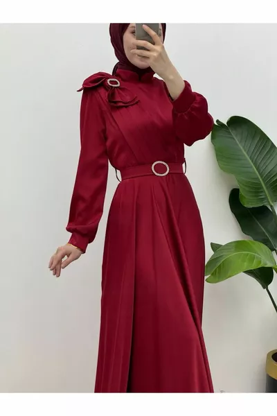 Spillato fiocco pietra cintura raso abito da sera