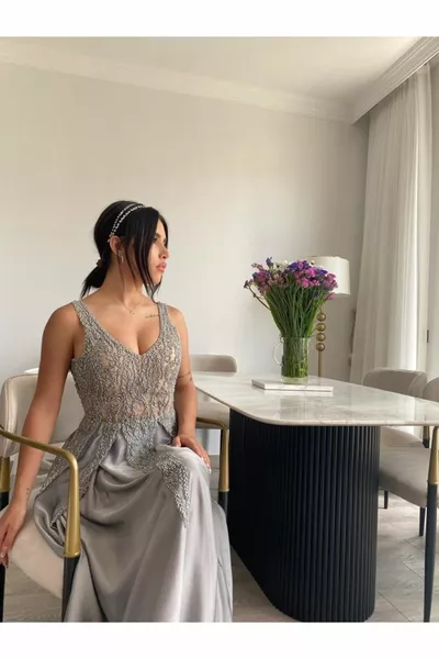 Robe de soirée en pierre, robe de soirée en mousseline de soie, robes de soirée de conception spéciale