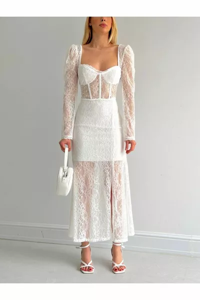 Dentelle Guipure Poitrine Détail Midi Longueur Robe De Célibataire