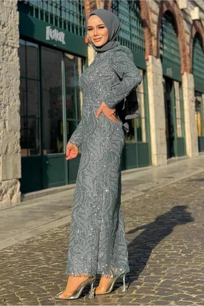 WOMEN'S GREY PATTERNED EVENING DRESS T 