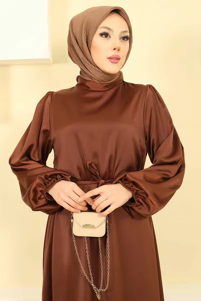 Кафява Съдия яка Балон ръкав Сатенена вечерна рокля