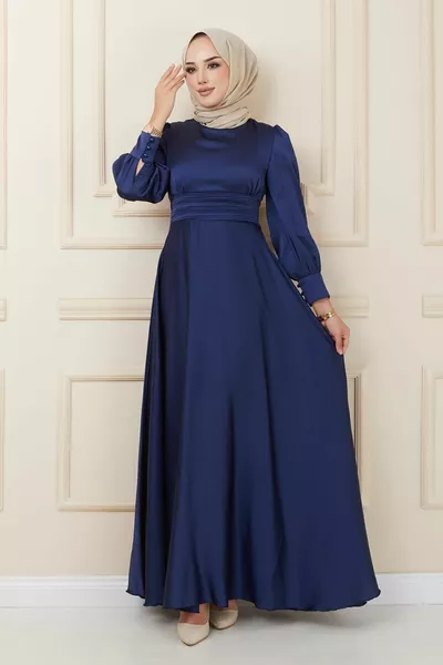 Abito da sera con cintura e dettaglio plissettato in vita BLU NAVY 