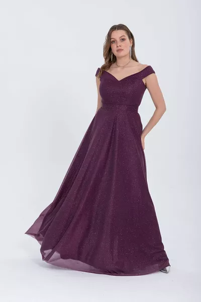 Women's Boat Collar Glitter Evening Dress Wedding Invitation Evening Dress / Light Purple