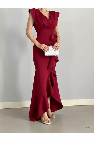 Women's Burgundy Scuba Diver Fabric Double-breasted Collar Skirt Flounced Evening Dress Graduation Wedding Dress