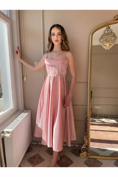 الأورجانزا الساتان متوسط الطول فستان بحزام