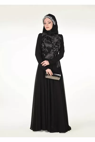 Robe de soirée brodée florale à col juge noir pour femmes 