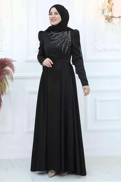 ABITO DA SERA DONNA NERO PLISSETTATO CON DETTAGLI IN PIETRA T 