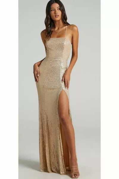 Hilaltrend Zara Pulpayet Embroidered Gold Evening Dress
