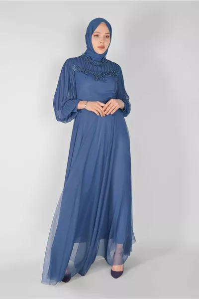 Marineblaues (INDIGO) perlenbesticktes Abendkleid für Damen 
