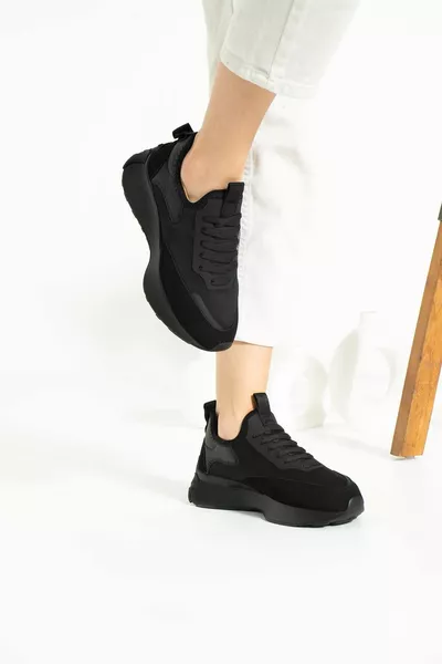 ديميتي أسود جلد سويدي حقيقي نسائي أحذية رياضية عالية النعل