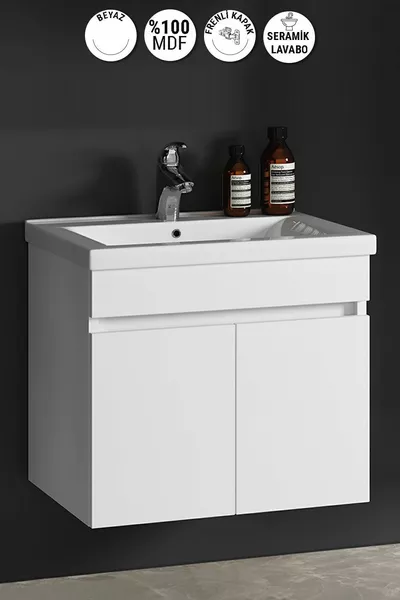 Meuble de salle de bain suspendu Çiğdem  cm en MDF blanc avec lavabo en céramique