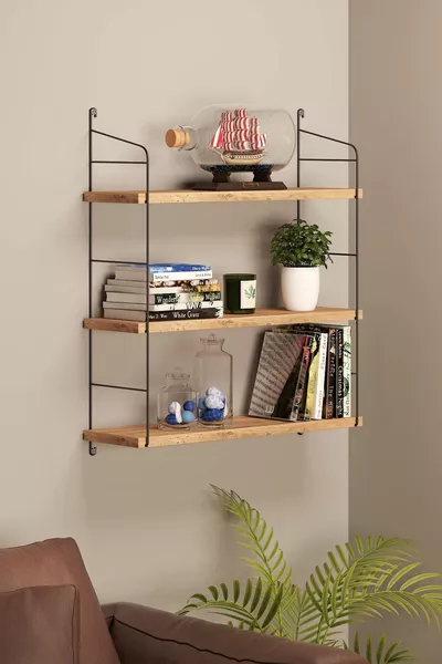 Стелаж за стена, библиотека с 3 нива, дървен рафт за книги, багажник за книги, рафт за баня и кухня, орех