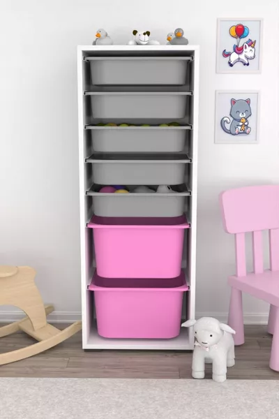 7-Shelf Cabinet Toy Cabinet Multi-Purpose Kitchen Bathroom Pantry Cabinet Pink Gray