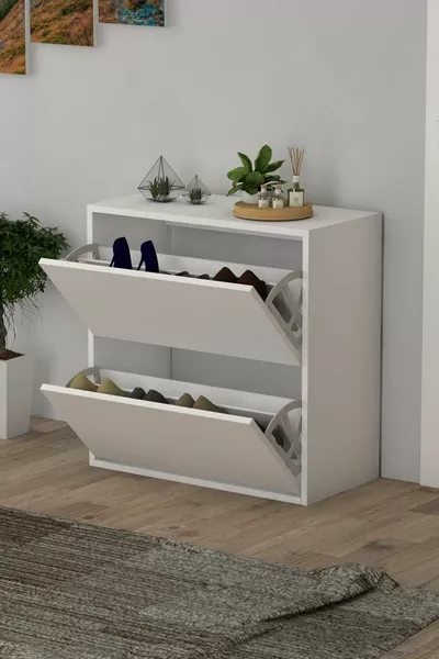 2-Door Sliding Shelf White Shoe Cabinet